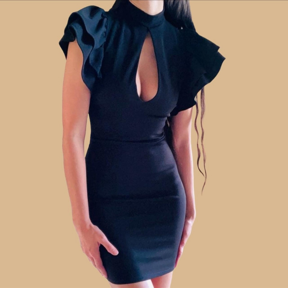 Black Keyhole Bodycon Mini Dress Ruffle Sleeve Cocktail Party Small